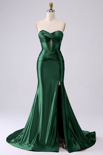 Sparkly Dark Green Mermaid Sweetheart Corset Long Prom Dress with Slit